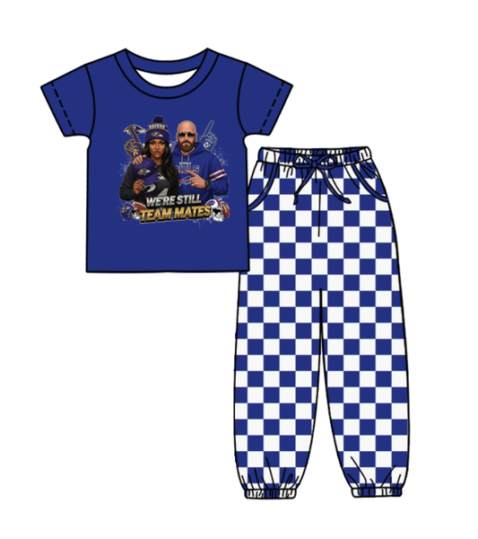 Custom moq 8 mix size milk silk summer teams baby boy clothes blue plaid short sleeve pants sets-25.9.29