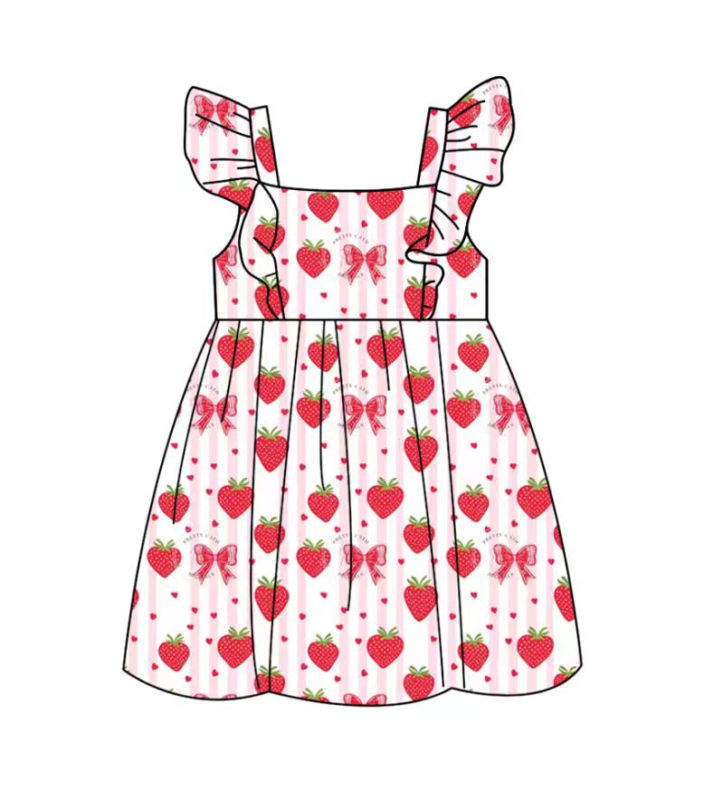 Custom moq 5 mix size milk silk baby girl clothes strawberry bow flying sleeve shorts sets and dresses 2