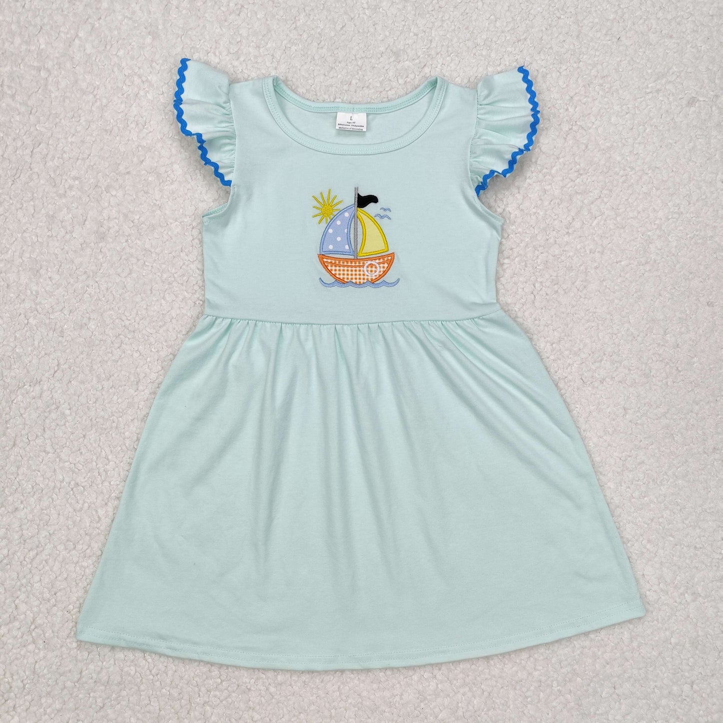 RTS NO MOQ（In Stock)  Embroidered sun sail blue flying sleeve dress