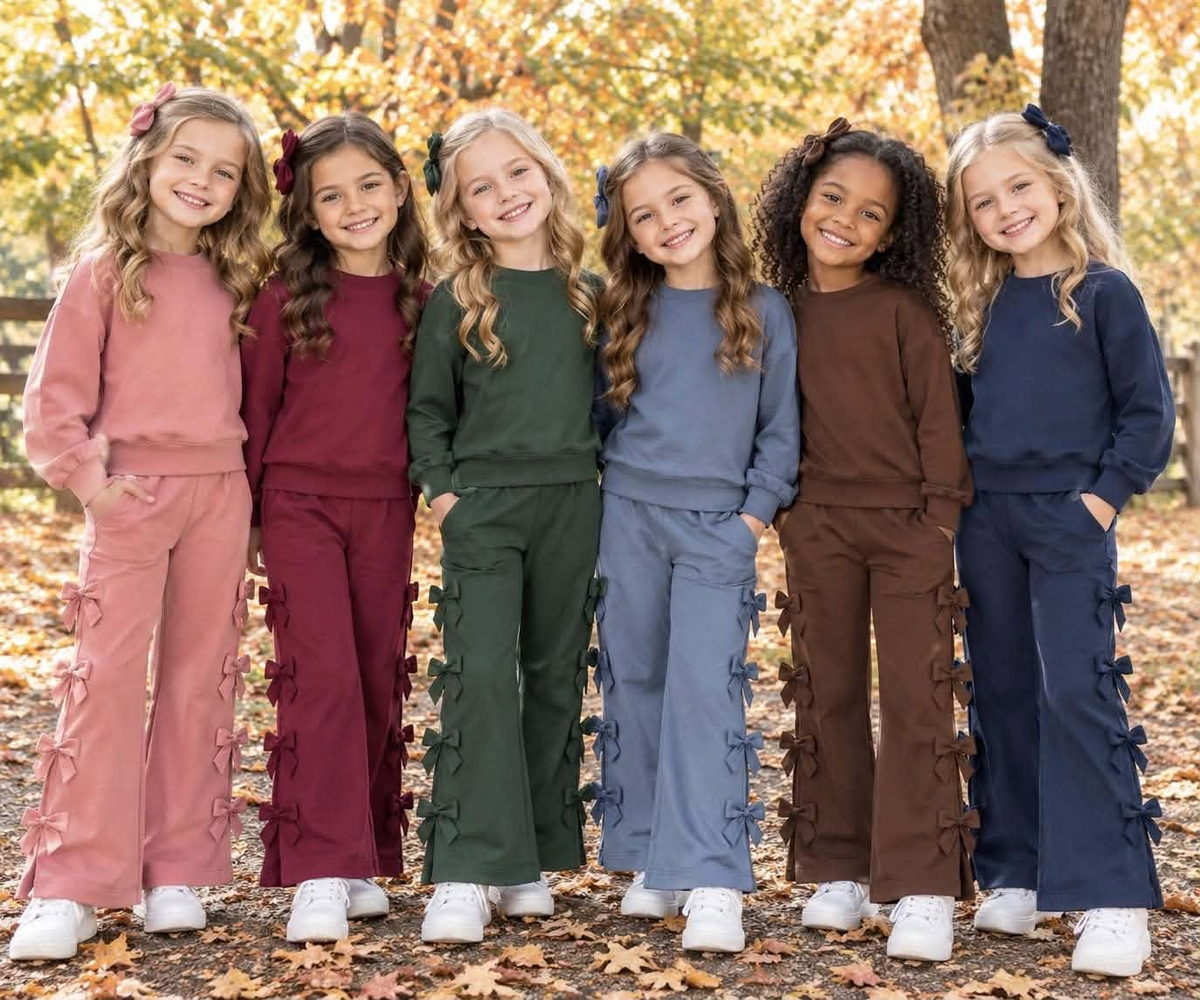 (Preorder new) No moq cotton Baby Girls Crew Neck Long Sleeve Sweatshirt And Multi Side Bow Wide Leg Pants Fall Casual Two Piece Clothes Set
