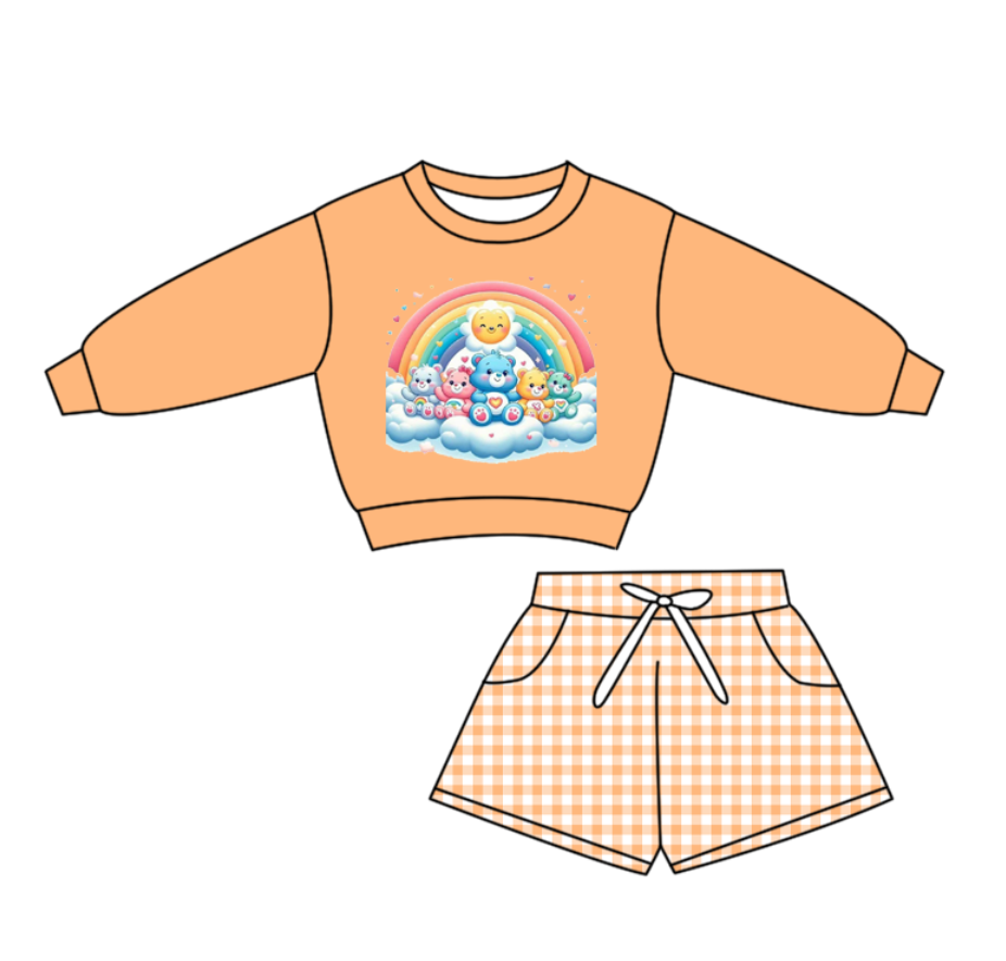 Custom moq 5 mix size milk silk summer baby girl clothes orange long sleeve shorts sets-25.10.28
