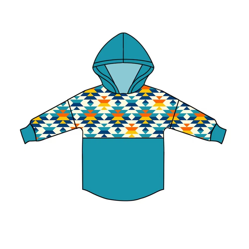 Custom moq 3 eta 6/8weeks moq 5 eta 4/5weeks geometric teal hooded long-sleeved top