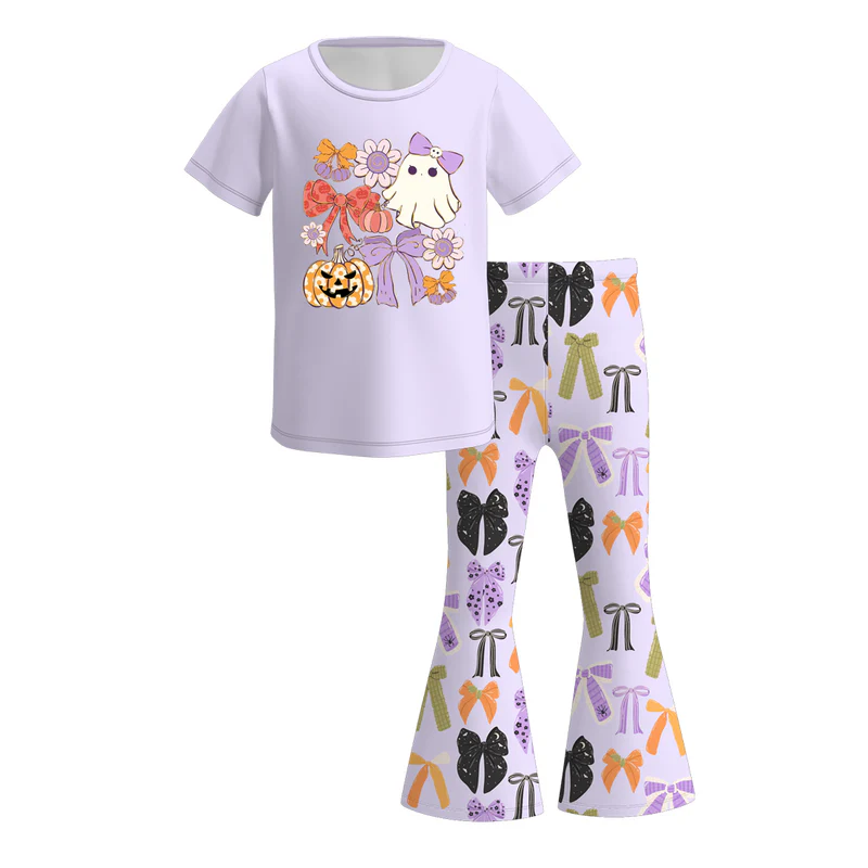 Custom moq 5 each style eta 6-7weeks baby girl bow purple short sleeve pants 1 and pants 2 and dress and shorts sets and top
