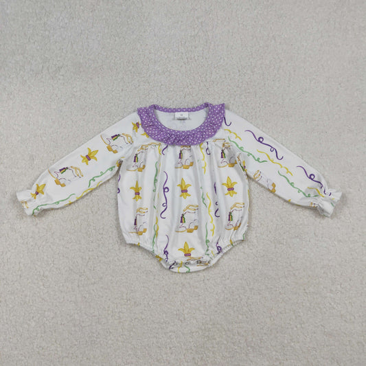 RTS NO MOQ（In Stock) LR2042 Carnival Ribbon Boots with Polka Dots and Purple Lace Long-Sleeved White Bodysuit
