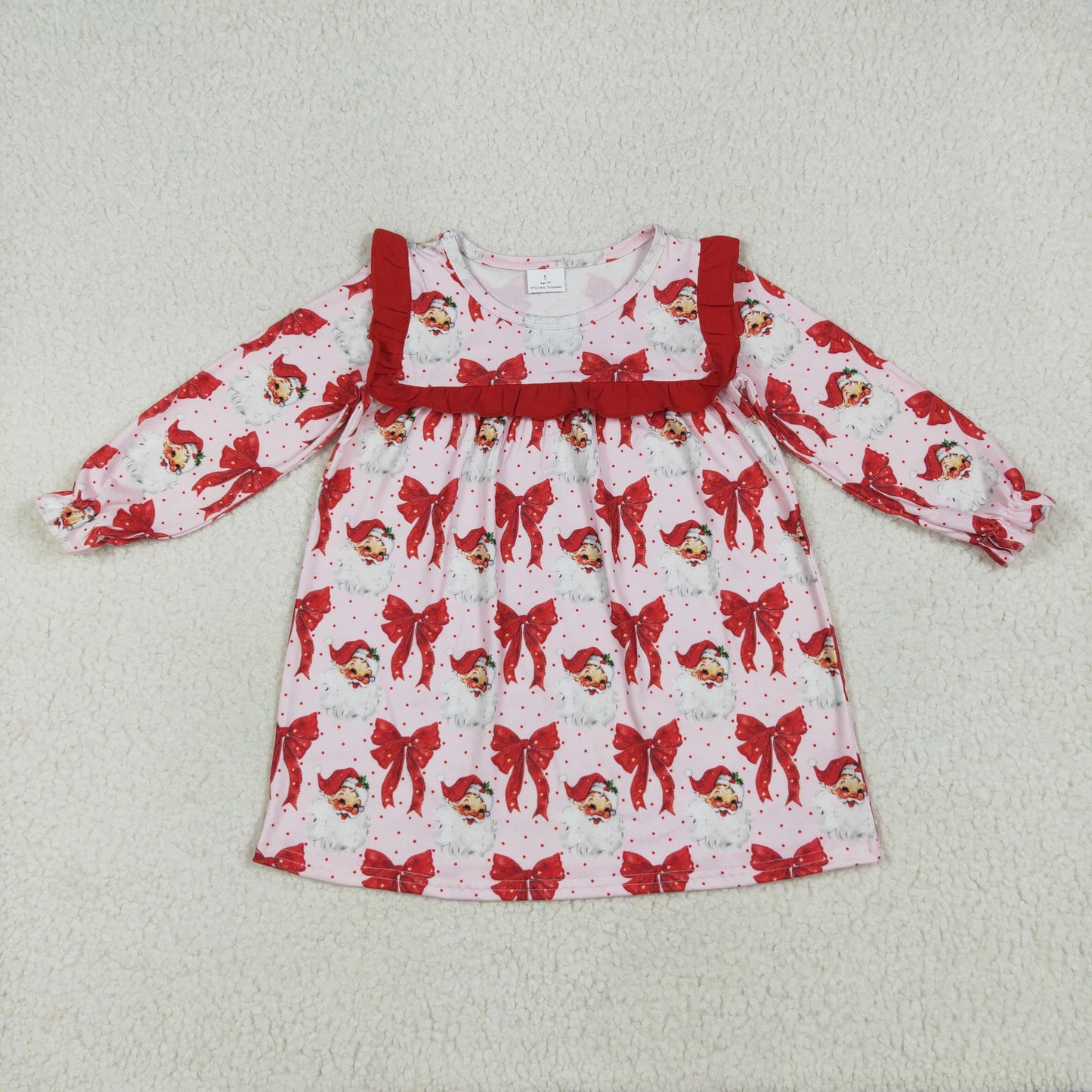 RTS NO MOQ GLD1047 Santa Claus Red Bow Pattern Lace Long Sleeve Dress