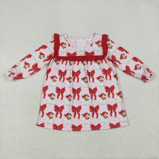 RTS NO MOQ GLD1047 Santa Claus Red Bow Pattern Lace Long Sleeve Dress