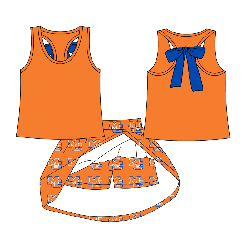 custom moq 5 mix size LEPR0103 Baby Orange Checked Team Bows Top Skirt Shorts Yoga Active Clothes Set Blankets
