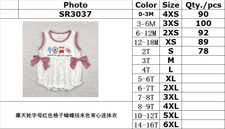 RTS NO MOQ SR3037 Ferris wheel lettering red plaid bow beige vest jumpsuit