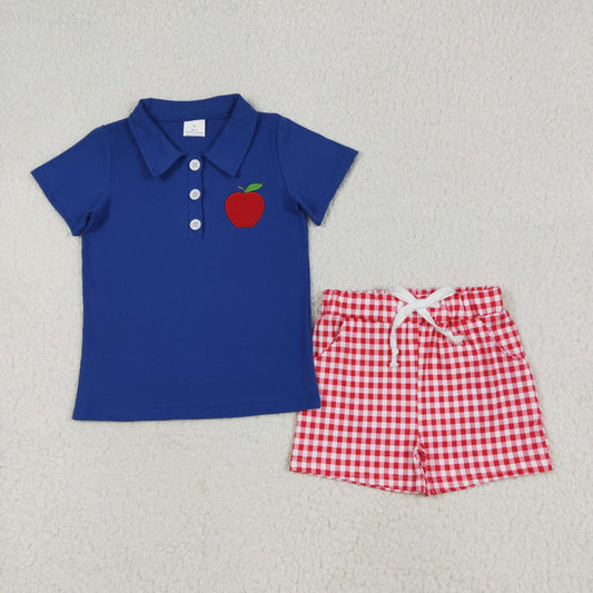RTS NO MOQ BSSO1397 Embroidered Apple Blue Short Sleeve Red Plaid Shorts Set