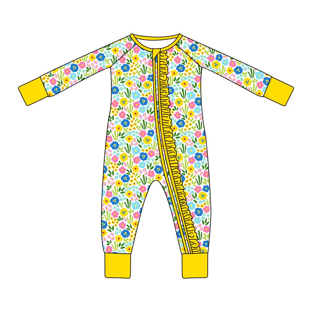 custom moq 5 eta 4-5 weeks baby girls clothes flroal yellow long sleeve summer bubble