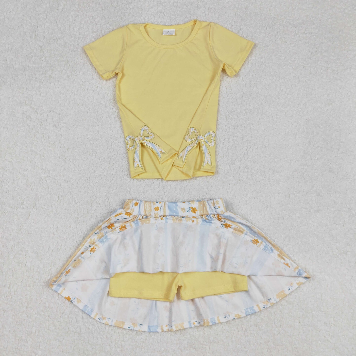 RTS NO MOQ ETA 5/7days Arrived GSD1716 Embroidered bow solid yellow short-sleeved flower striped culottes set