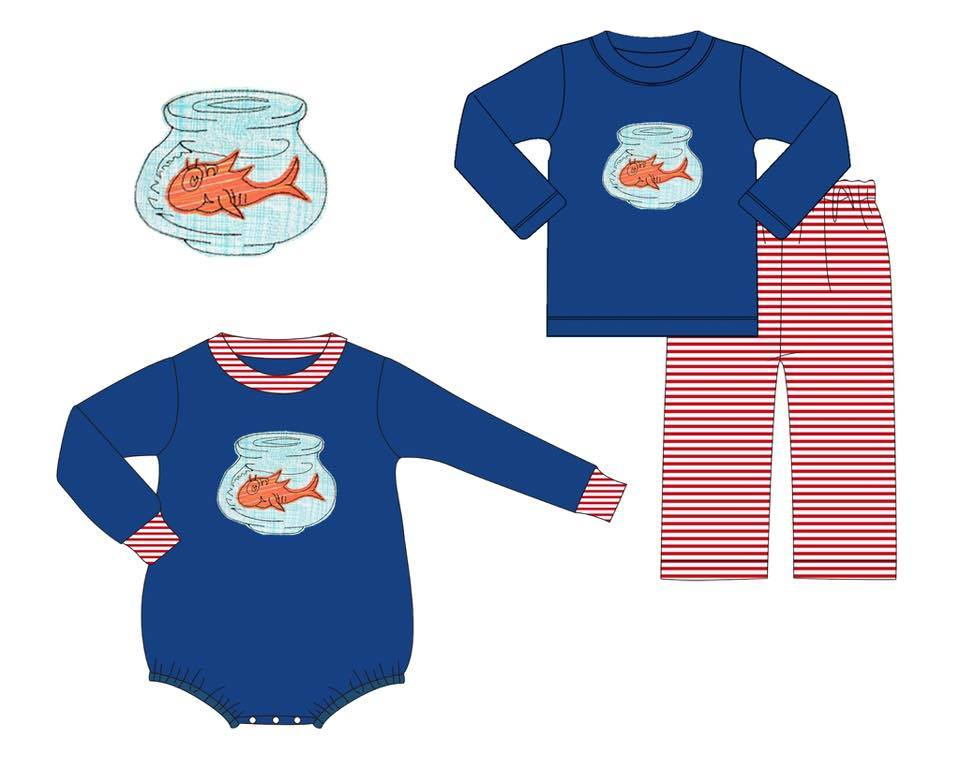 Custom moq 5 each style eta 6-7weeks baby boy clothes fish blue long sleeve pant sets and romper-25.7.26