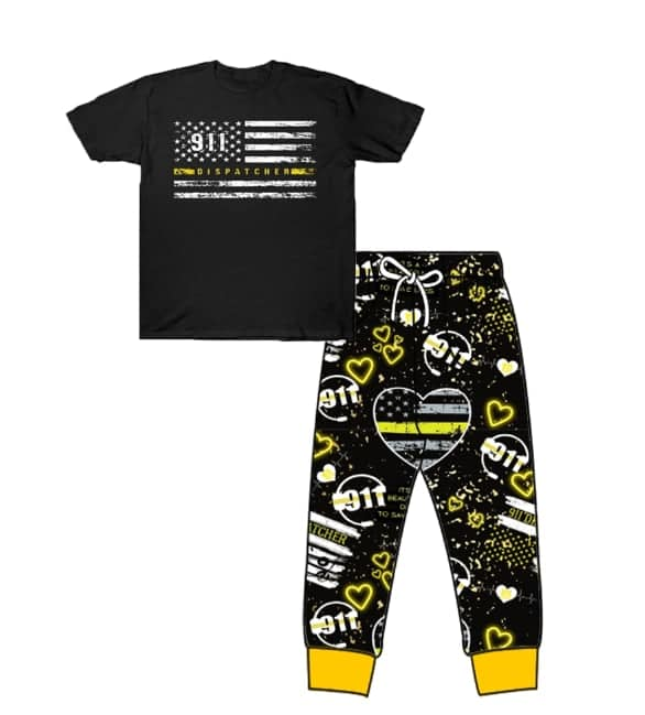 Deadline October 3  custom no moq eta 6-8weeks Black short-sleeved shirt with national flag pattern and heart-shaped pants suit