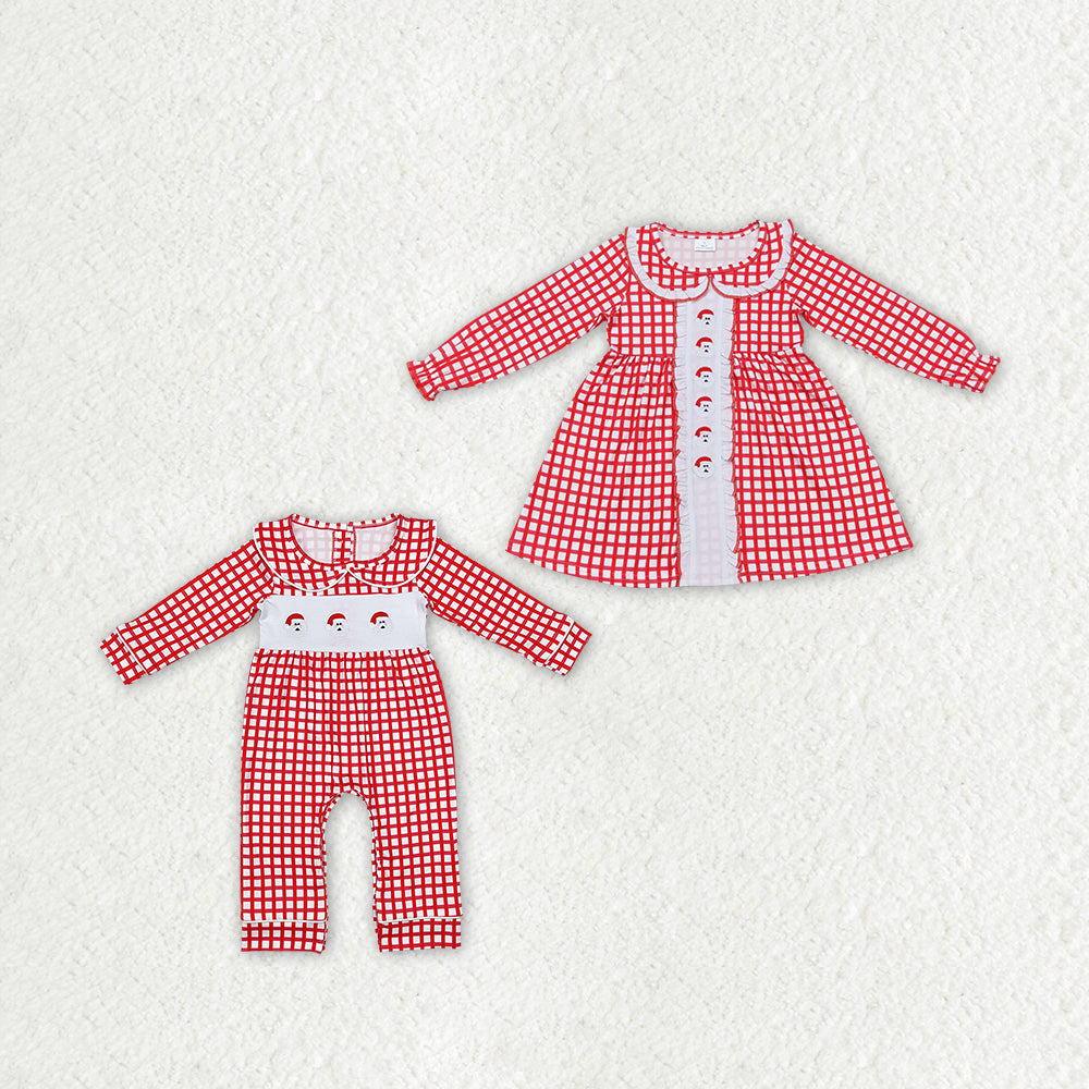 RTS NO MOQ LR1263 GLD0612 Embroidered Santa Claus Red Plaid Baby Collar Long Sleeve Dress & Romper