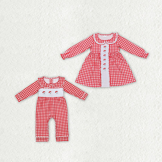 RTS NO MOQ LR1263 GLD0612 Embroidered Santa Claus Red Plaid Baby Collar Long Sleeve Dress & Romper