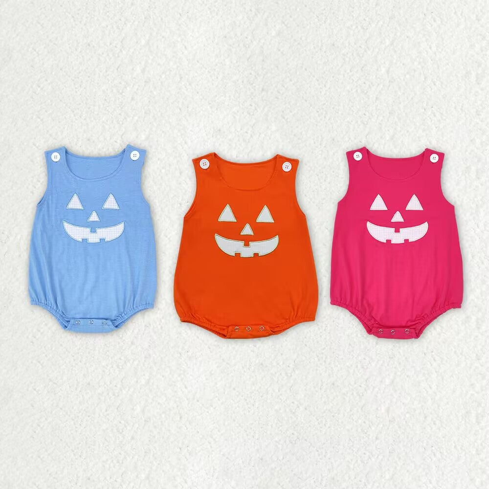 RTS NO MOQ Baby Embroidered Pumpkin Smiley Face Blue & Orange*Pink Short Romper