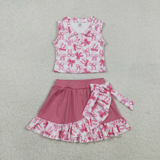 RTS NO MOQ（In Stock) GSD3480 Bow Pattern Pink Plaid Button-Down Neckline Sleeveless Lace Bow Skirt Yoga Set