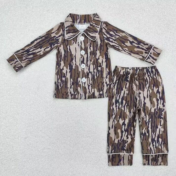 RTS NO MOQ  Dark Brown Camouflage Button Long Pajama Set: Kids & Adults