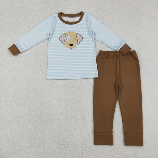 RTS NO MOQ（In Stock) Embroidered Heart Puppy Blue Striped Long-Sleeve Brown Pants Set