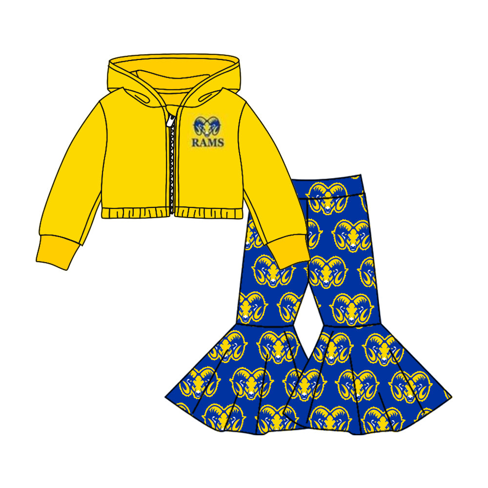 Deadline November 14 custom no moq eta 6-8weeks Baby Girls Yellow Bullfight Icon Hooded Zipper Cropped Long Sleeve Top - Blue Flared Pants Set