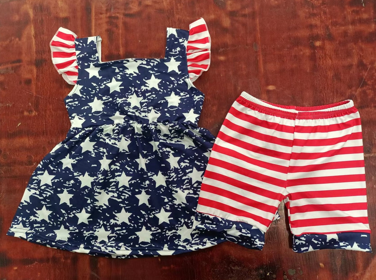 Summer girls stars navy blue flying sleeve red striped shorts suit