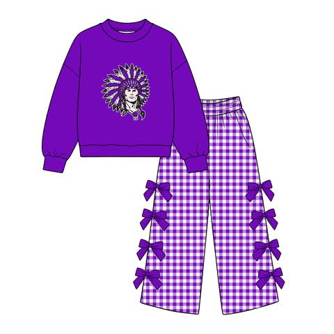 custom moq 5 mix size BM0101 Baby Girls Long Sleeve Top And Checkerboard Bow Wide Leg Pants Team Set