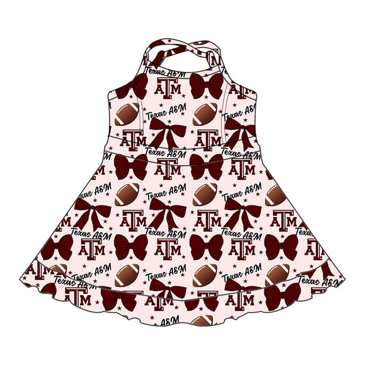 Custom moq 5 mix sizes summer teams baby girls clothes team baseball bow brick red sleeveless dress-25.6.14