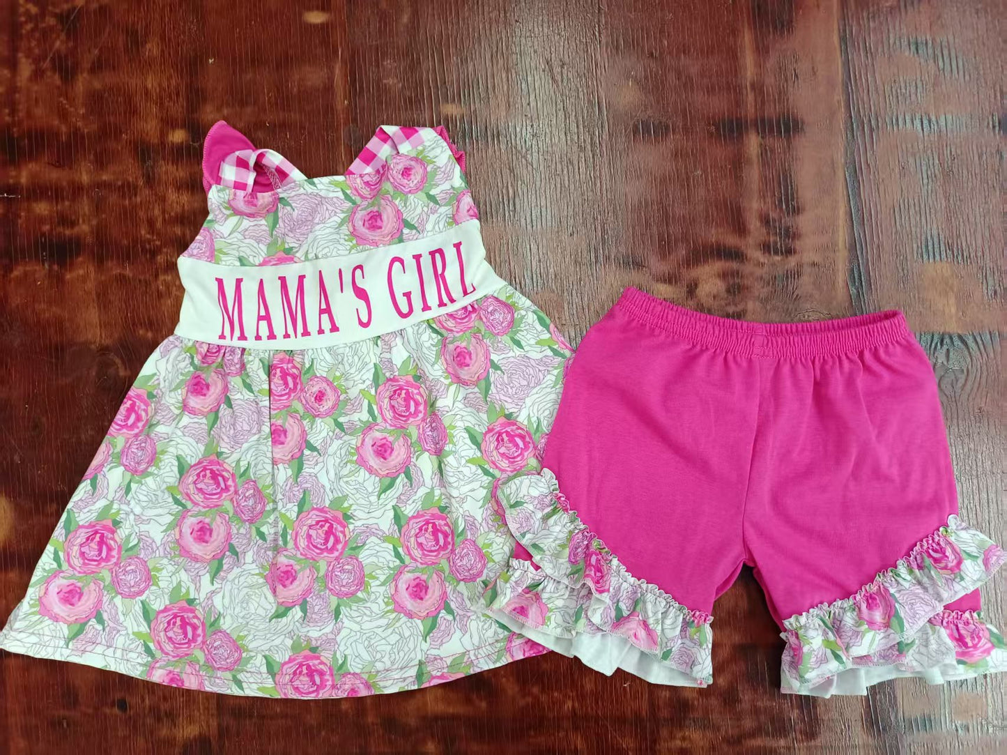 Custom moq 3 eta 6-7weeks baby girls clothes mama girl floral pink sleeveless shorts sets