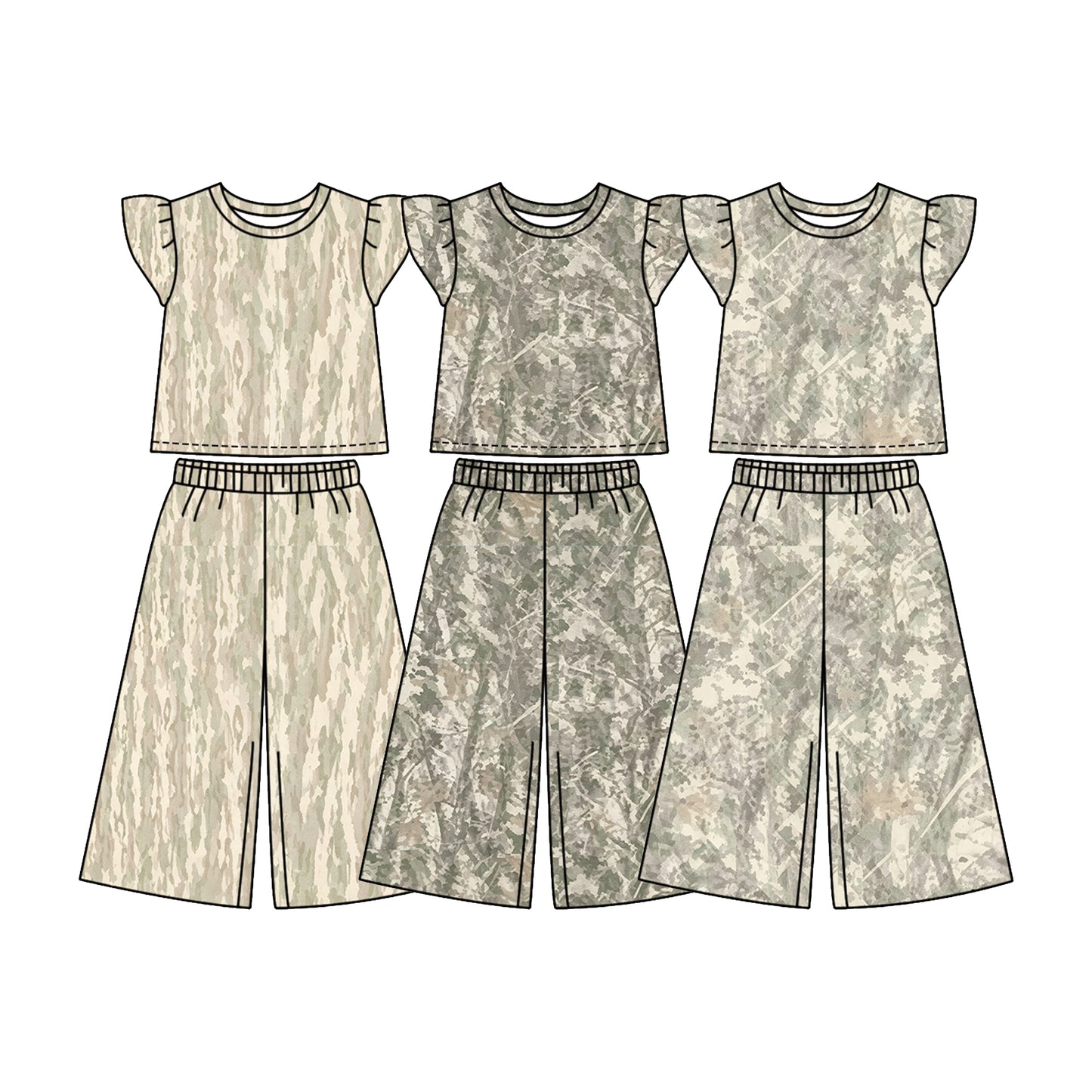 custom moq 5 mix size GSF01 Baby Girls Camo Print  Ruffle Sleeve Top Leg Pant Outfit