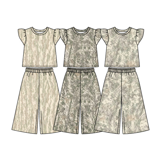 custom moq 5 mix size GSF01 Baby Girls Camo Print  Ruffle Sleeve Top Leg Pant Outfit