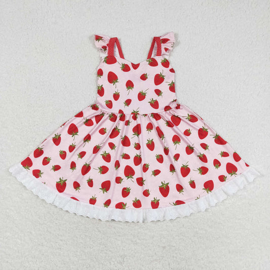 RTS no moq GSD1273 Strawberry lace pink flying sleeve dress
