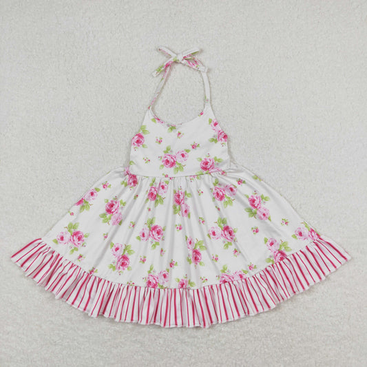 GSD0859 Floral pink striped lace halterneck dress