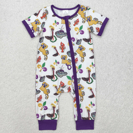 RTS NO MOQ ETA 5/7days arrived SR2394 Carnival animal purple and white zipper short sleeve onesie