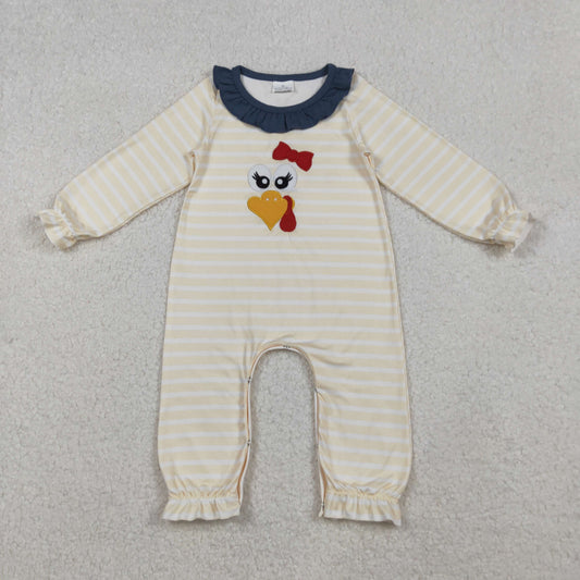 RTS NO MOQ（In Stock) LR2424 Beige Long-Sleeved Bodysuit with Embroidered Turkey Stripes and Blue Lace