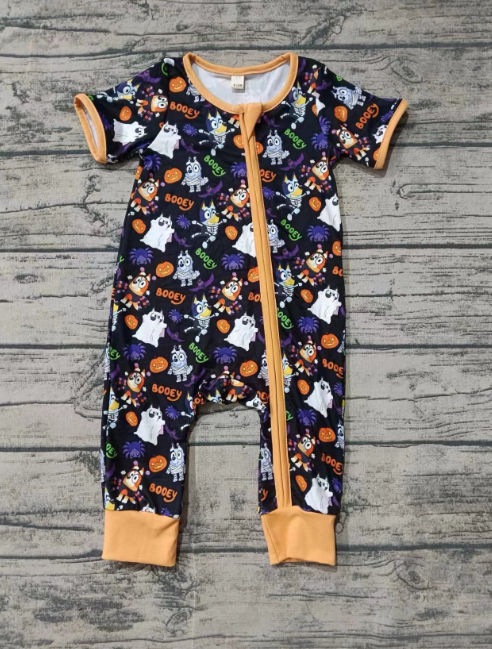 Custom moq 3 eta 6-7weeks Halloween Firework Bandage Puppy Pattern Black Short Sleeve Long Zipper Romper