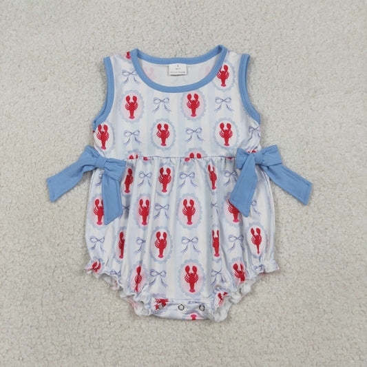 RTS NO MOQ（In Stock ) SR3828 Lobster Blue Bow Pattern Vertical Striped Vest Jumpsuit