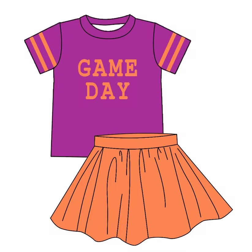custom moq 5 tat about 4-6 weeks baby girls clothes GAME DAY purple and orange short sleeve skirts summer outfits