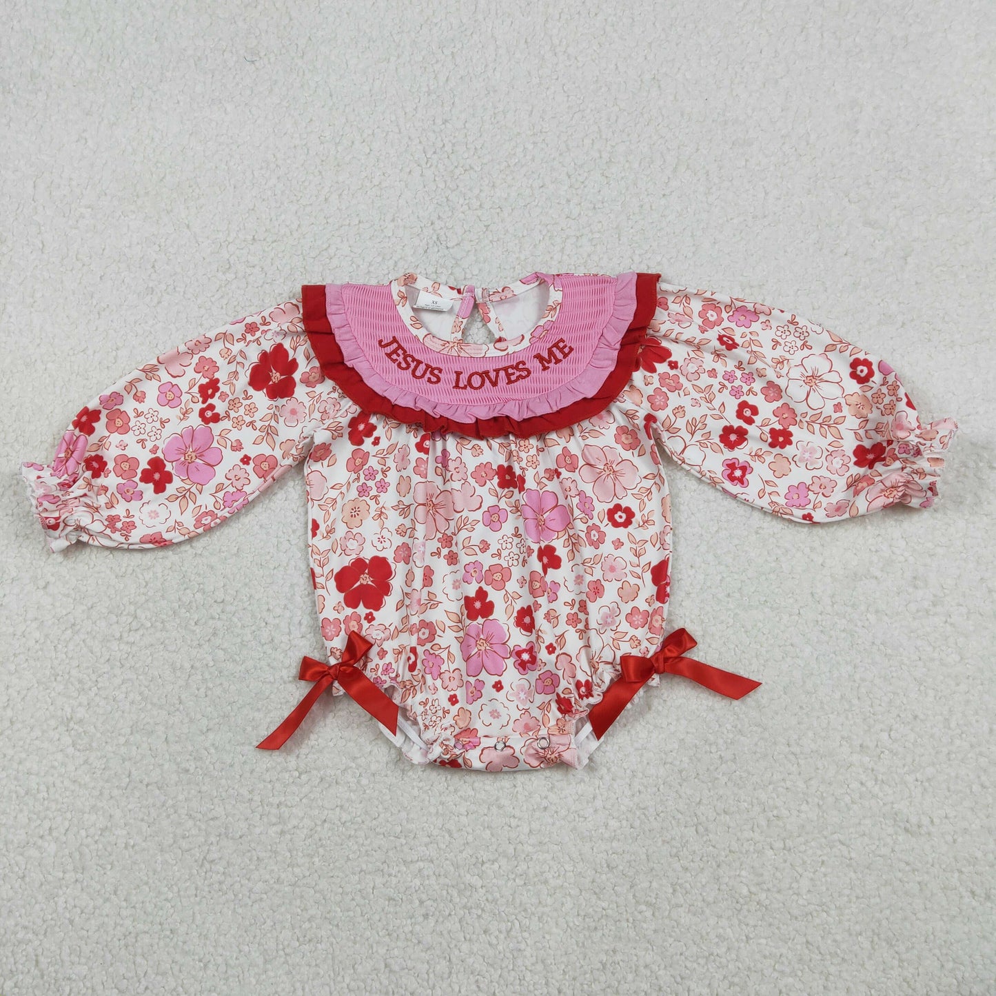 RTS NO MOQ（In Stock) Embroidered Jesus Loves Me Pink Lace Floral Long-Sleeve Jumpsuit
