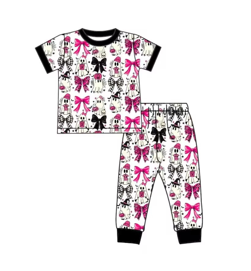 Custom moq 3 eta 6-8weeks baby boys clothes ghost bow rose red Short Sleeve Long Pants Pajama Set
