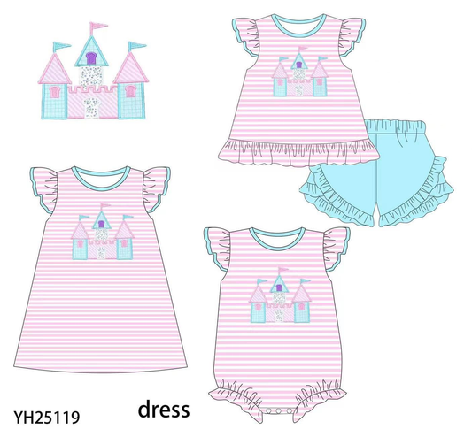 Custom summer baby girls clothes castle short sleeve shorts sets dress romper