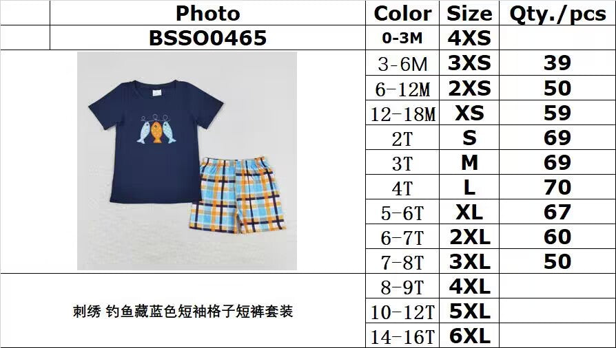 rts no moq BSSO0465 Embroidered fishing navy blue short-sleeved plaid shorts suit