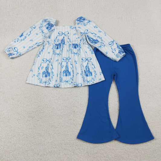 RTS NO MOQ（In Stock) GLP3283 Bow Pattern Castle Blue Vertical Striped Long-Sleeved Pants Set