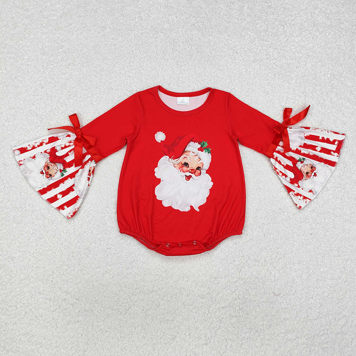 RTS NO MOQ Baby Girls Santa Claus Print Red Stitching Red and White Striped Long Sleeve Dress & Romper & Long Sleeve Pants Set