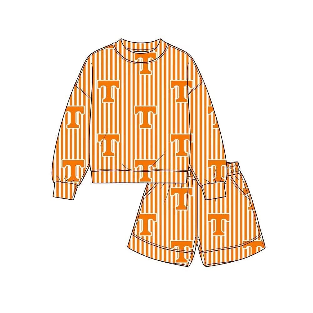 custom moq 5 mix size PresleyJS0101 Adult To Match Kids Orange Striped Print Long Sleeve Top And Shorts Outfit Set