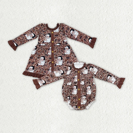 RTS NO MOQ Baby Girls Dark Brown Leopard Santa Button Long Sleeve Dress & Romper