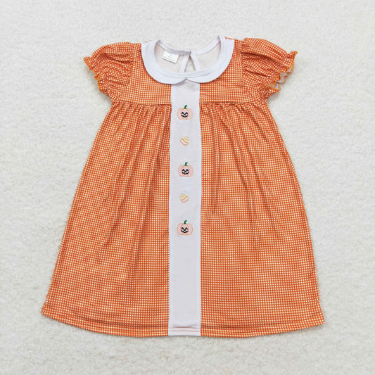RTS no moq GSD1337 Embroidered smiley face pumpkin lantern candy doll collar orange plaid short-sleeved dress