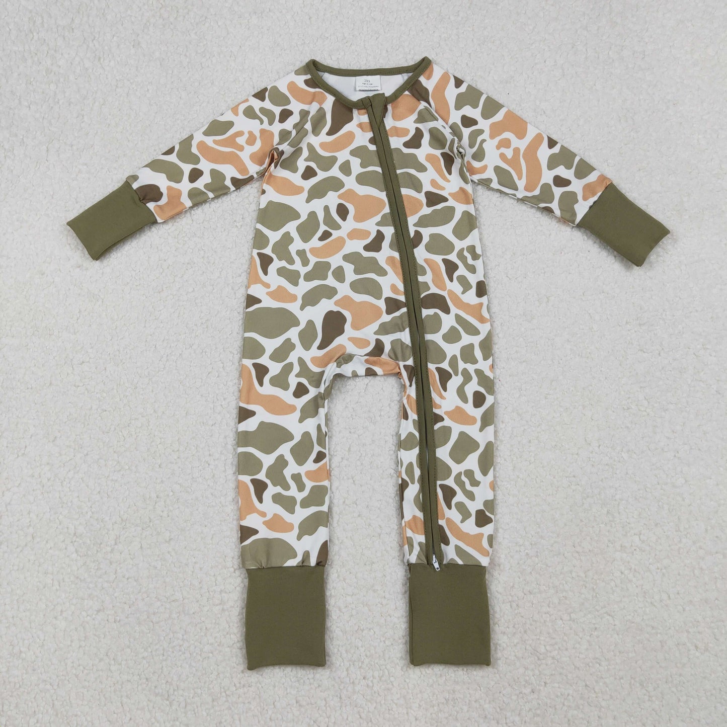 RTS NO MOQ（In Stock) Lime and Green Camouflage Long-Sleeved Bodysuit with White Zipper