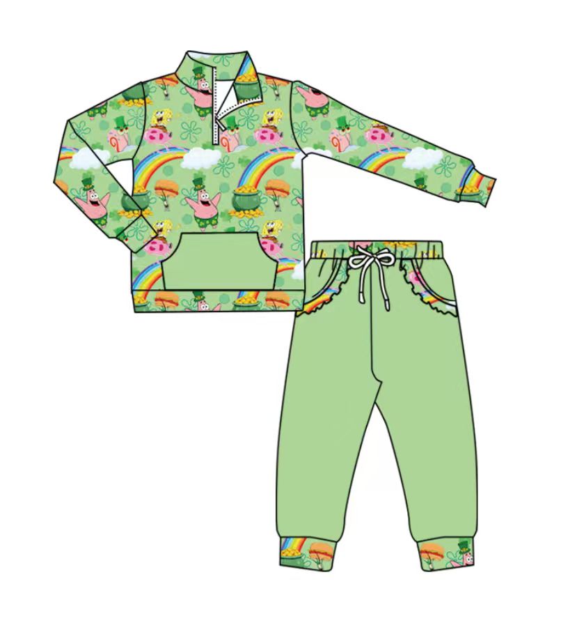 Custom moq 5 mix size milk silk baby girl clothes green long sleeve pants sets and shorts