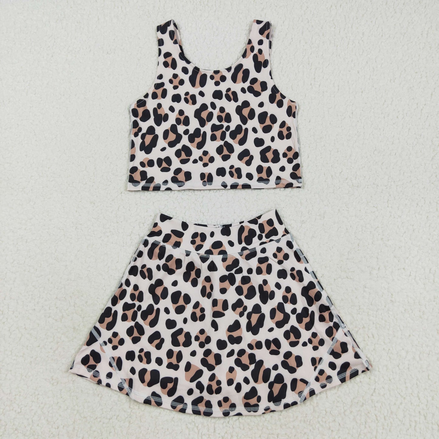 RTS NO MOQ（In Stock) Brown leopard print beige vest skirt yoga suit