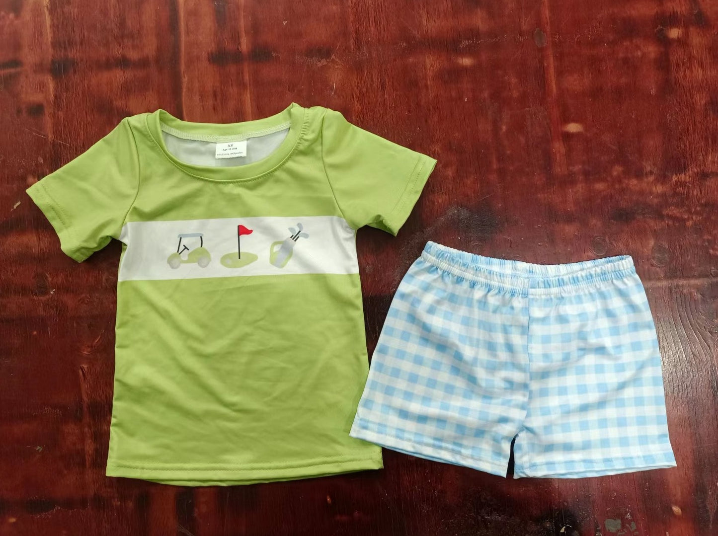 summer boys green short sleeve blue grid shorts boys sets